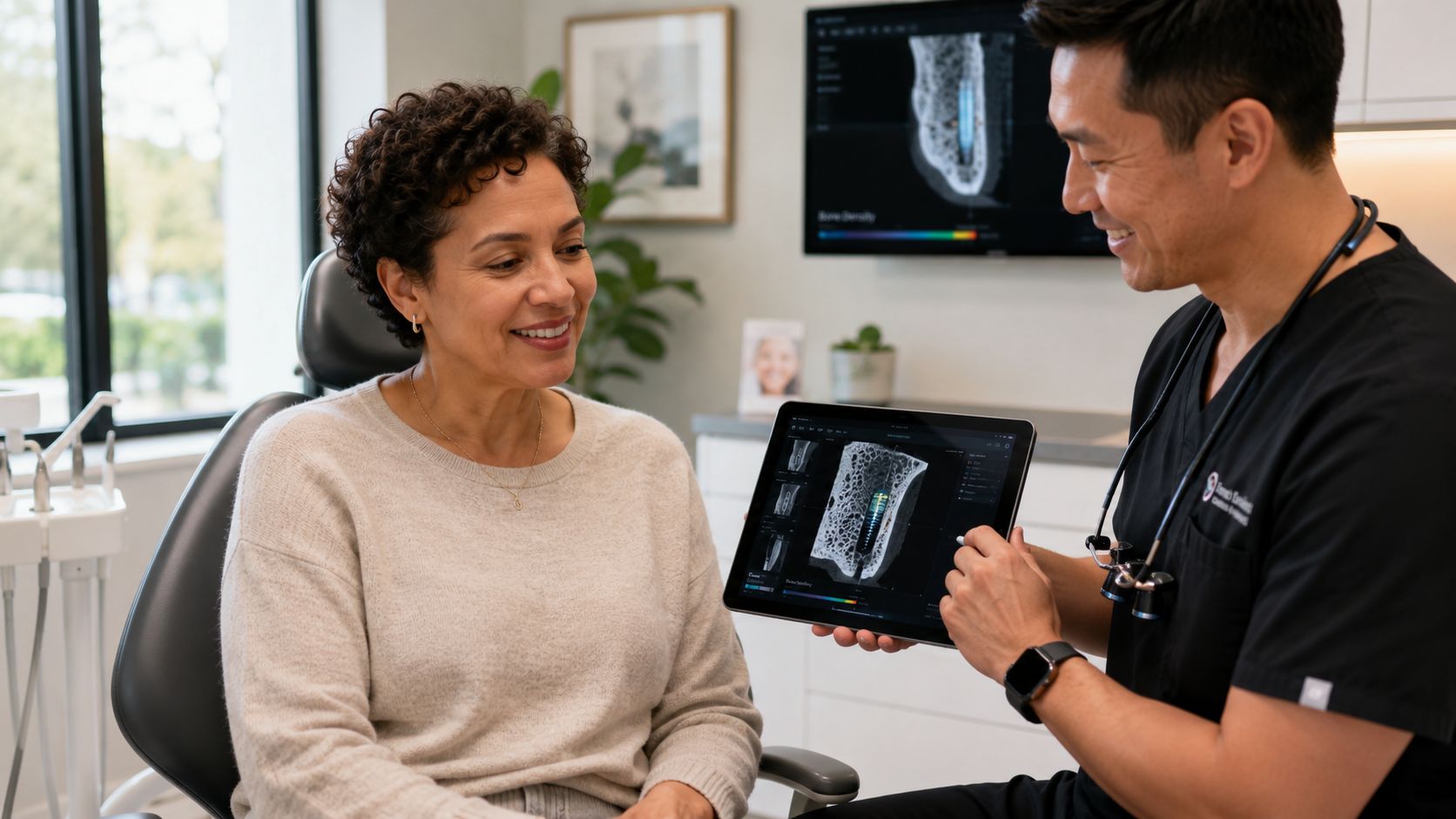 A dentist shows a patient a digital scan of a dental implant on a tablet screen.