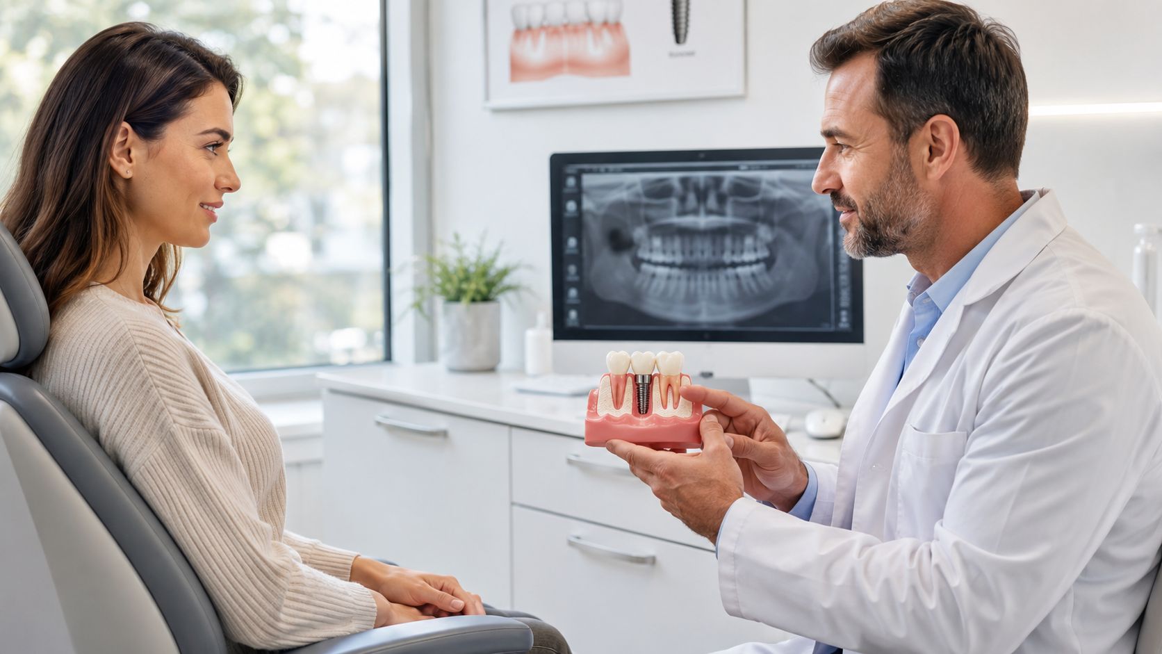 A male dentist explaining dental implant procedure to a female patient using a tooth model in clinic.