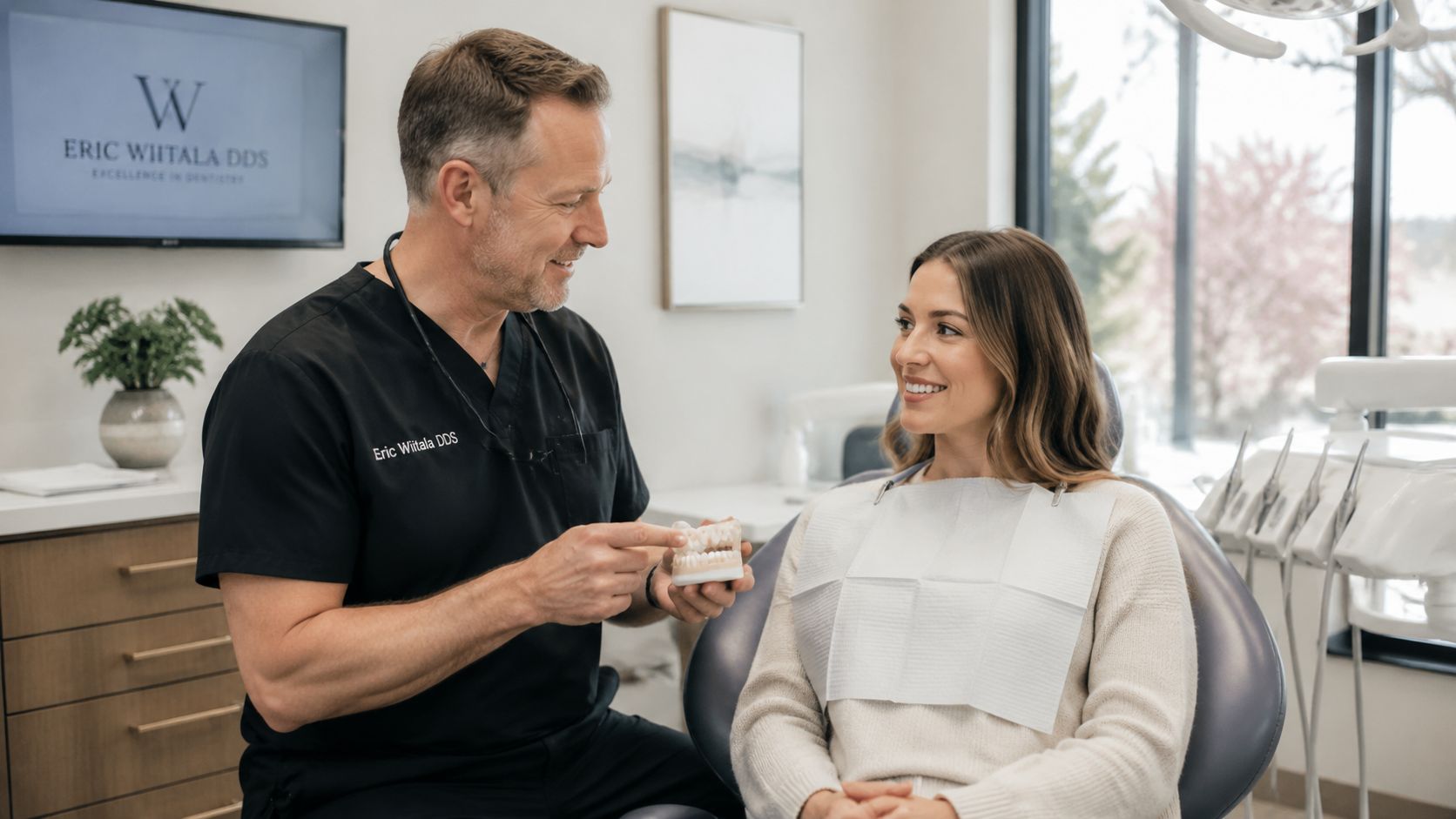 A friendly dentist explaining a dental model to a smiling female patient in a modern office.