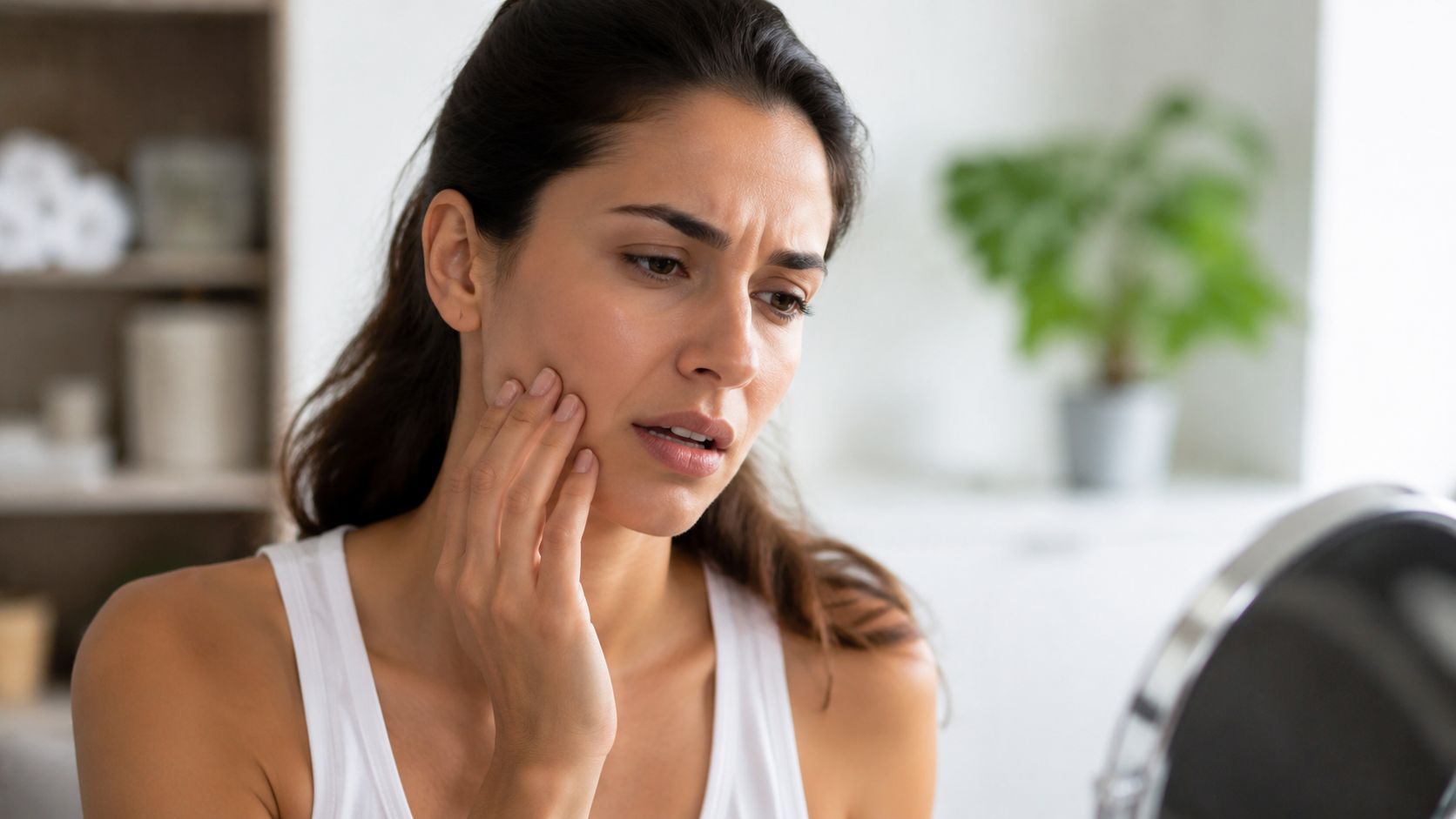 A young woman looking in a mirror and touching her cheek while experiencing dental pain at home.