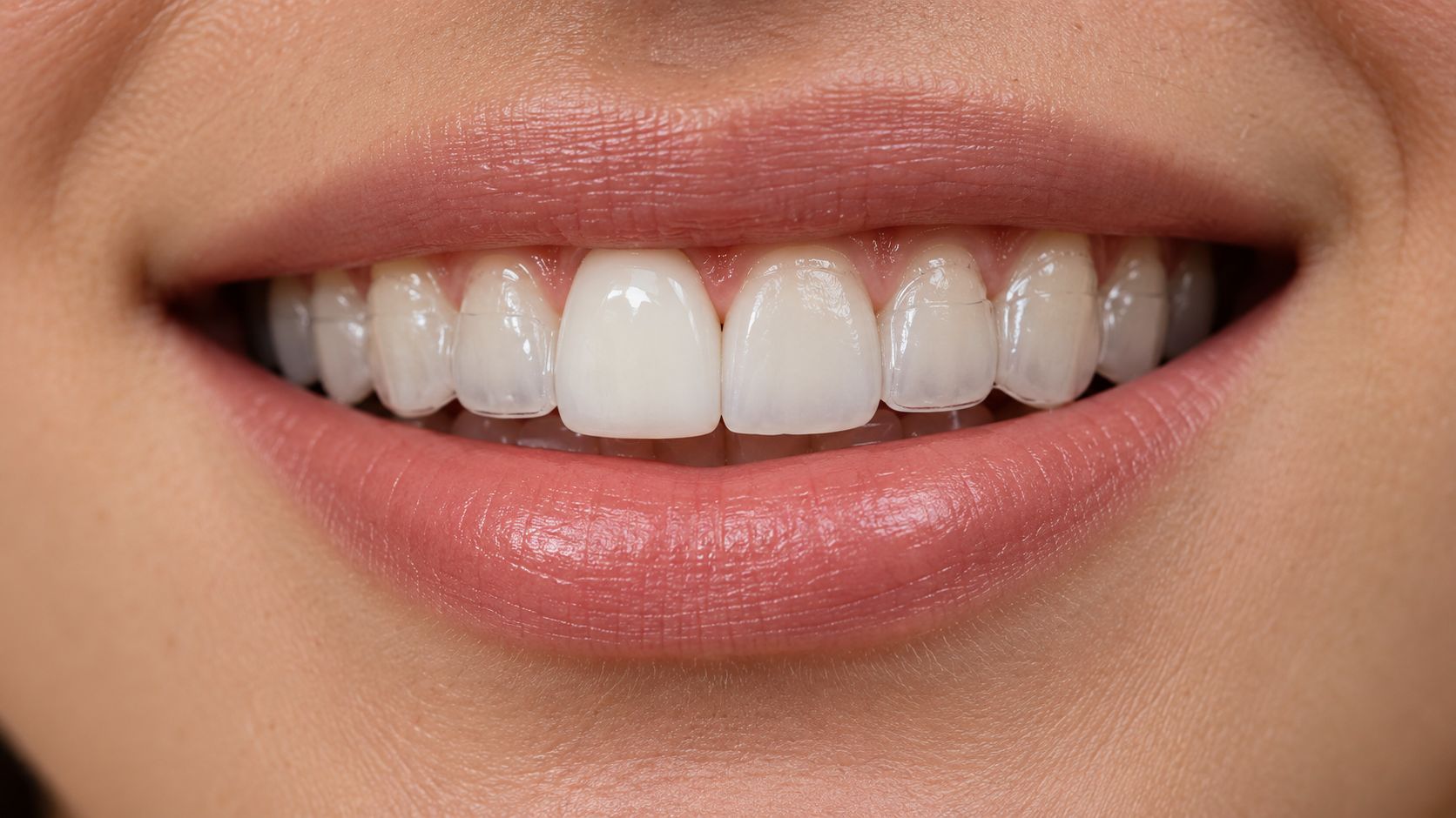 A close-up view of a person's smile showing clear teeth aligners used for orthodontic treatment.