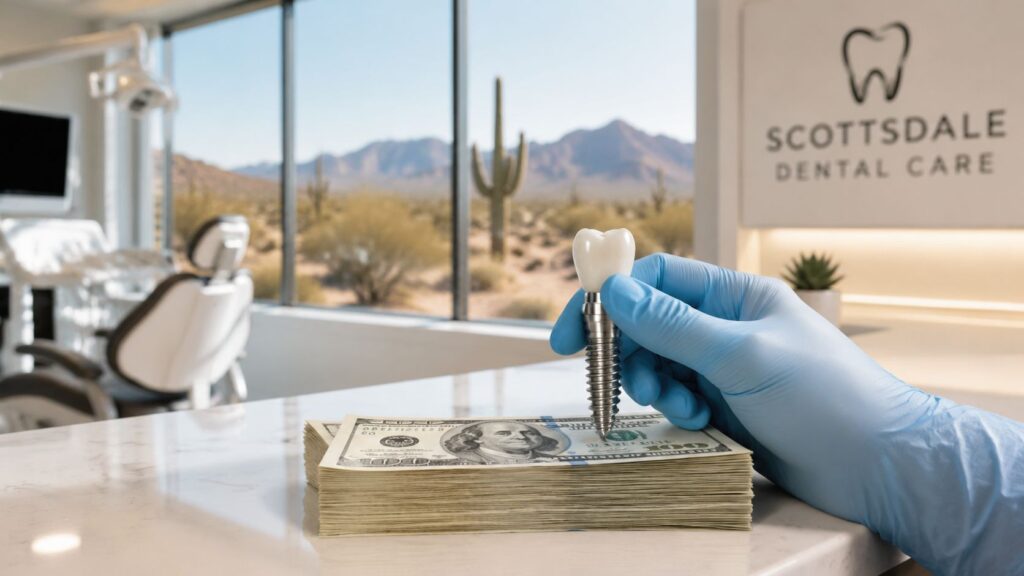 Gloved hand counting cash on a dental office counter