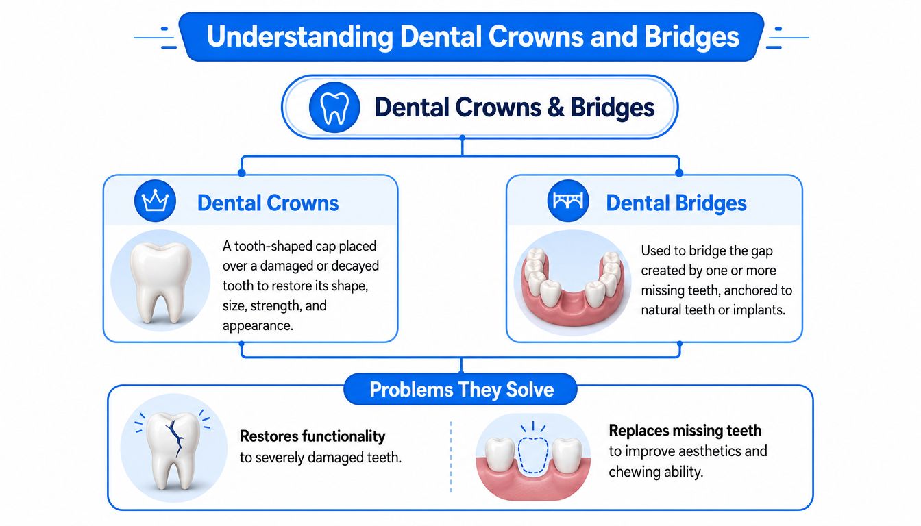 An infographic explaining dental crowns and bridges, their definitions, and the common dental problems they help solve.