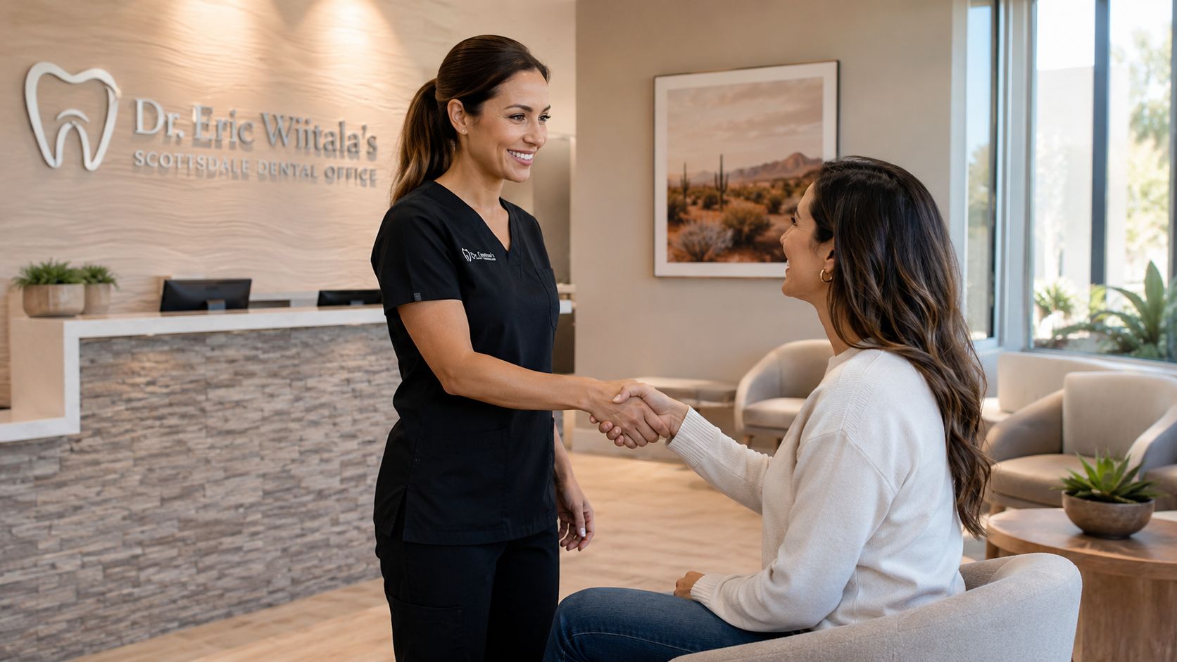 A professional dental staff member shaking hands with a female patient at a modern dental office reception.
