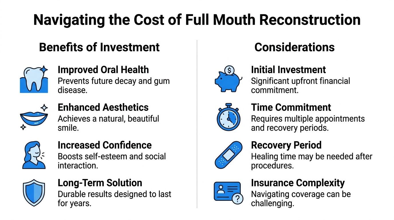 An infographic showing the benefits and considerations of full mouth reconstruction for dental patients.