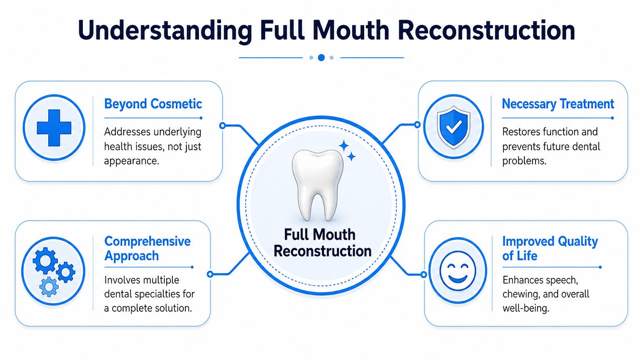 An infographic titled Understanding Full Mouth Reconstruction detailing its health, functional, and quality of life benefits.
