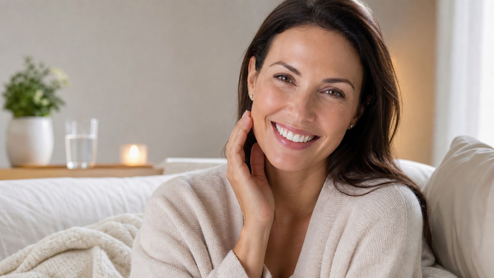 A woman with a bright, healthy smile gently touching her cheek while relaxing comfortably at home.