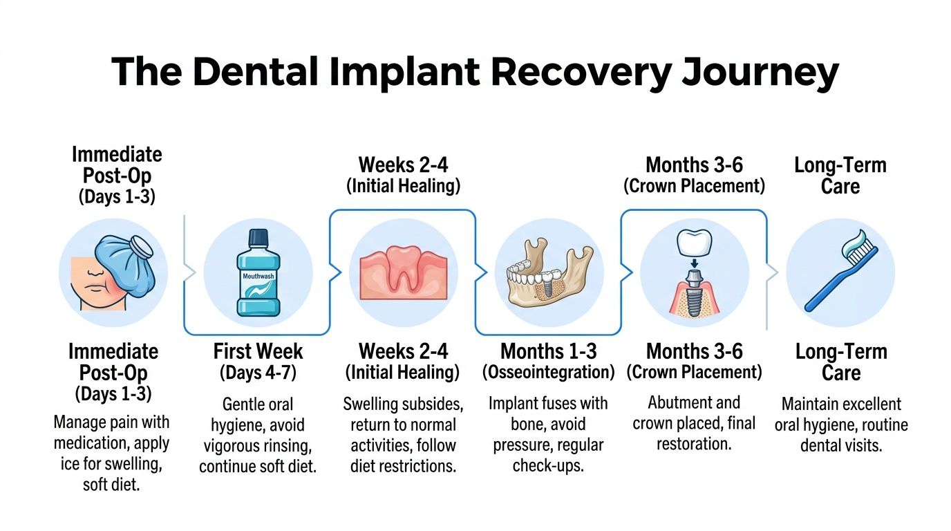 A visual timeline infographic illustrating the dental implant recovery process from immediate post-op to long-term maintenance.