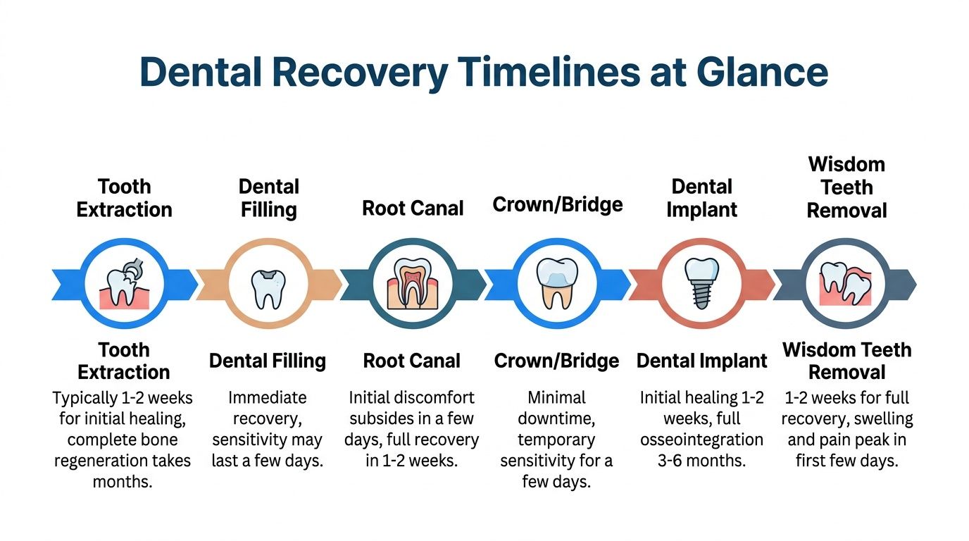 A dental timeline infographic showing recovery periods for tooth extraction, fillings, root canals, crowns, implants, and wisdom teeth.