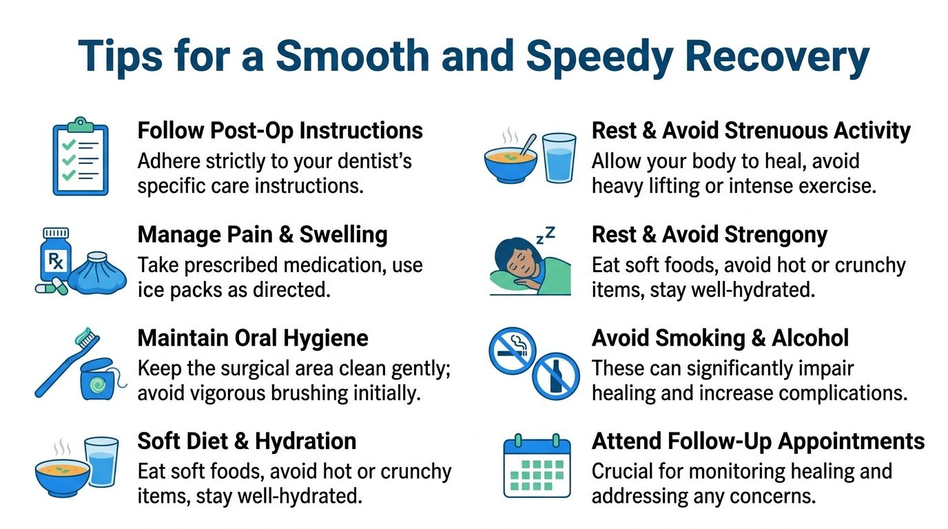 An infographic titled Tips for a Smooth and Speedy Recovery, listing post-operative care advice for dental patients.