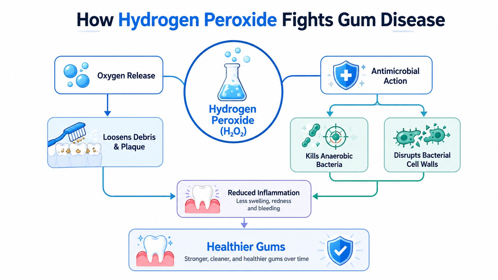 An infographic showing how hydrogen peroxide fights gum disease through oxygen release and antimicrobial action mechanisms.
