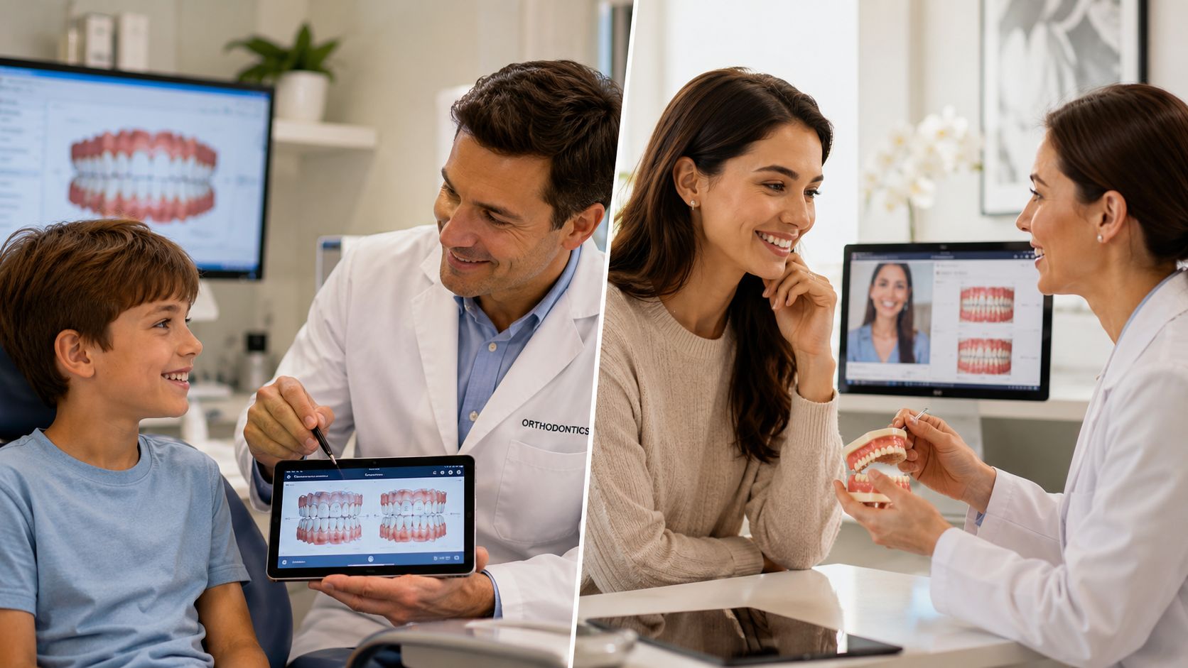An orthodontist consults a young boy using a tablet and an adult patient using a tooth model.