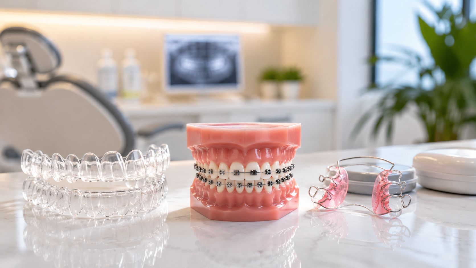 A model of teeth with braces, clear aligners, and a retainer on a dentist's office table.