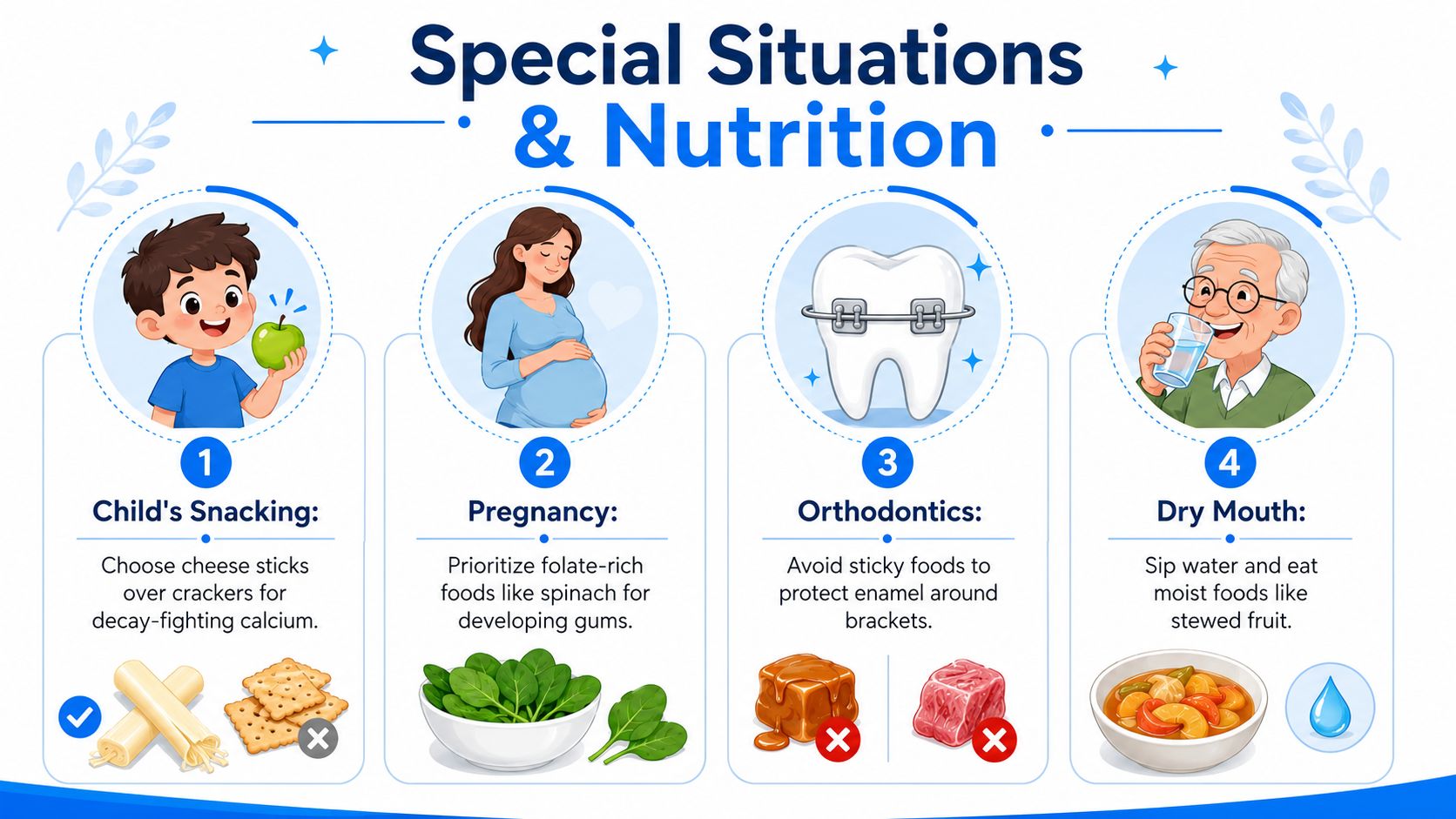 An infographic illustrating nutritional advice for children, pregnant women, orthodontic patients, and those with dry mouth.