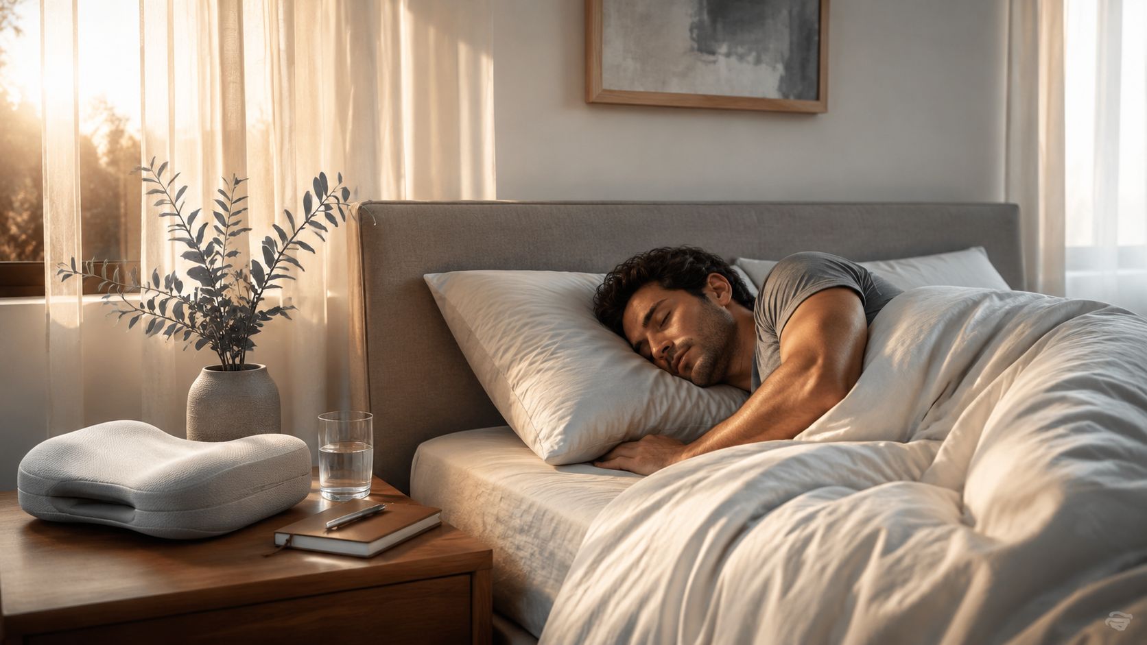 A man sleeps peacefully in bed next to a nightstand with a pillow and notebook.