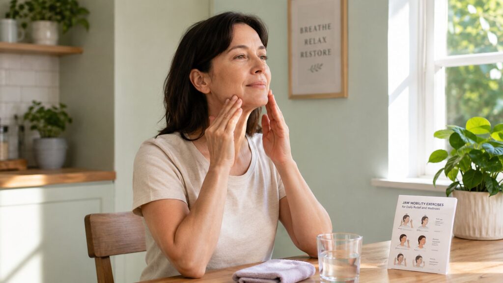 Woman sitting at a table holding her cheek in discomfort