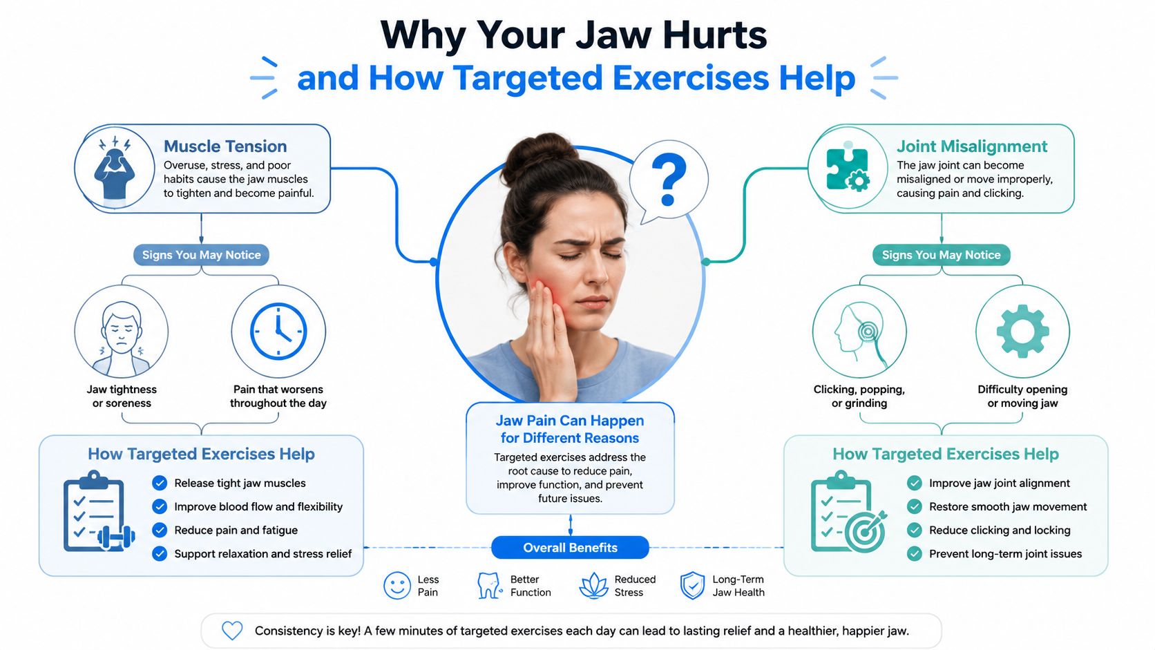 An infographic explaining the causes of jaw pain and how targeted exercises help alleviate symptoms.