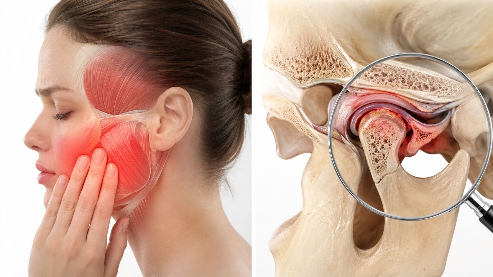 A split image showing a woman with facial pain and an anatomical view of the jaw joint.
