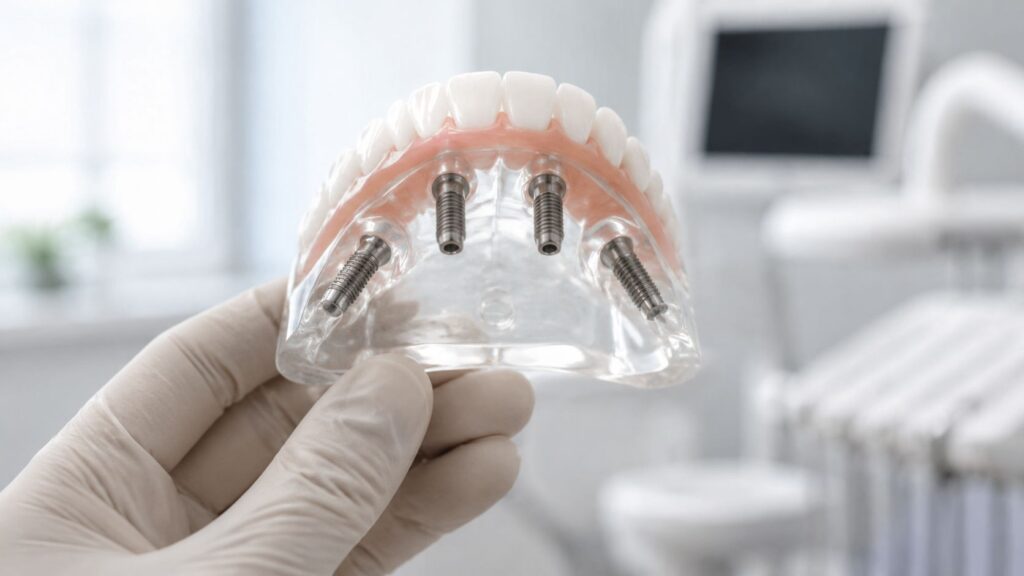 Gloved hand holding an implant-supported full-arch denture