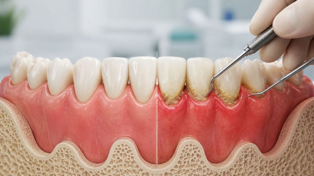 Dental model showing a probe measuring gum pockets along the lower teeth