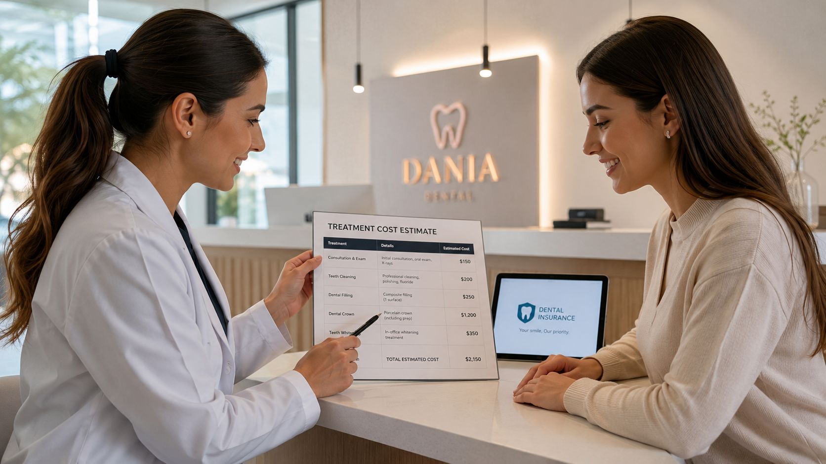 A female dentist explaining a treatment cost estimate document to a patient in a modern dental office.
