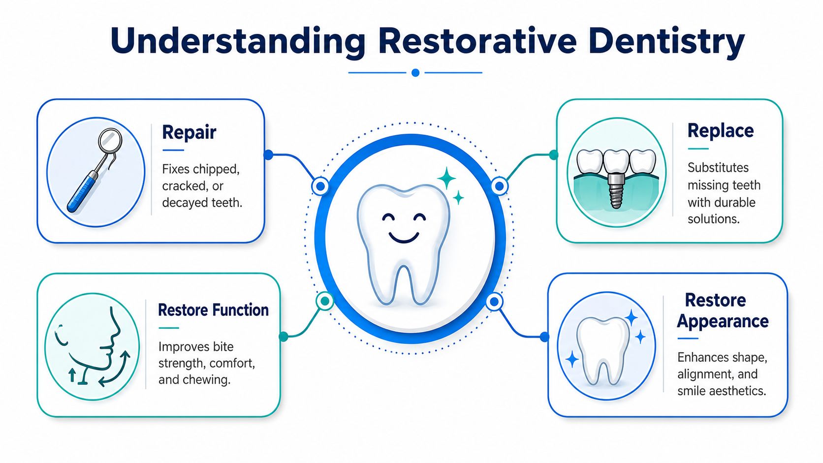 An infographic titled Understanding Restorative Dentistry illustrating the repair, replacement, functional, and aesthetic benefits of dental treatments.