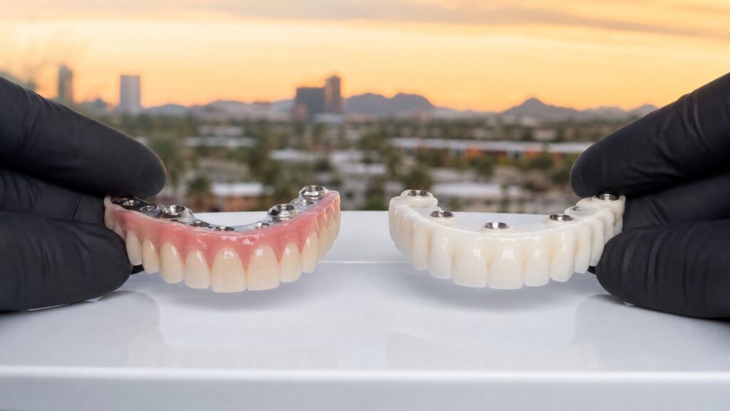 Gloved hands holding upper and lower implant denture models