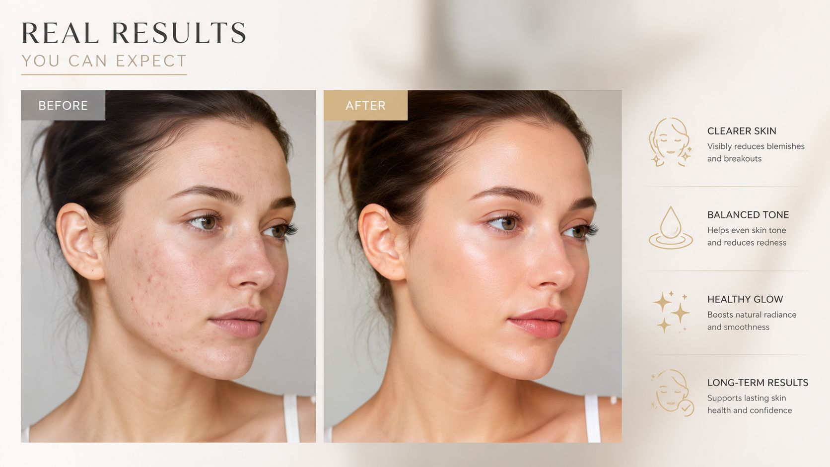 A split-screen comparison showing a woman's facial skin before and after using a skincare treatment product.
