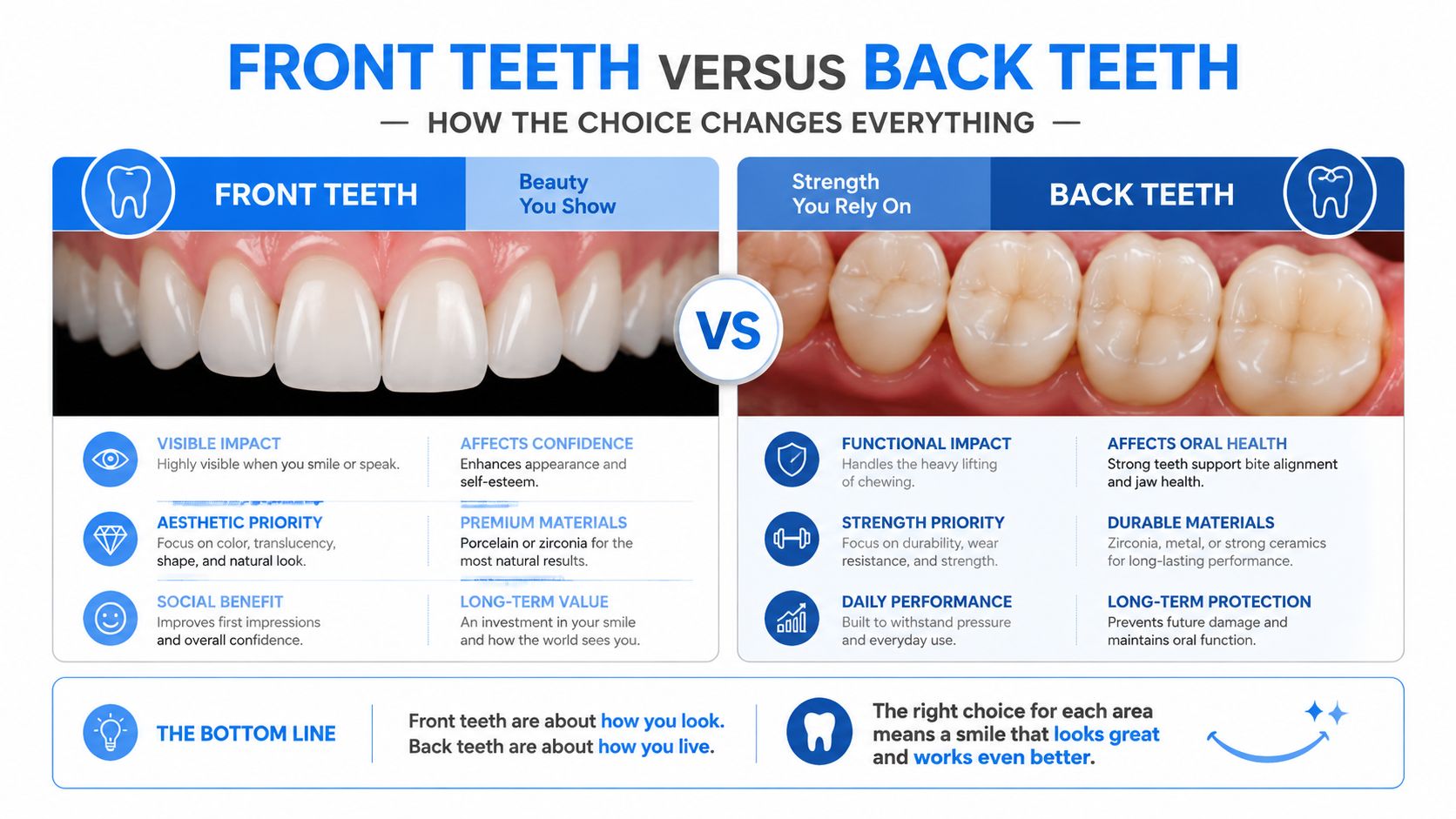 A comparison chart showing the differences between front teeth and back teeth and their restorative dental needs.