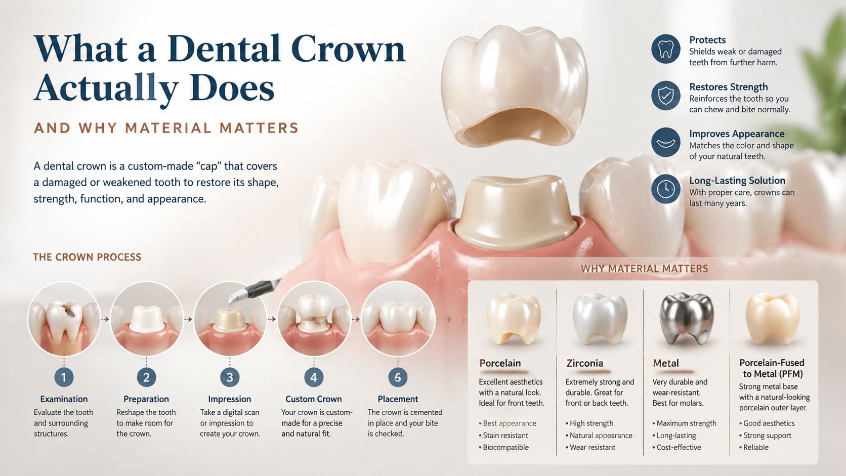 A detailed infographic explaining the dental crown procedure and the various materials used for restorative crowns.