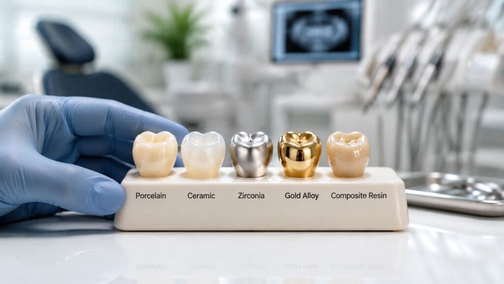 Crown material samples labeled porcelain, ceramic, zirconia, gold alloy and composite resin