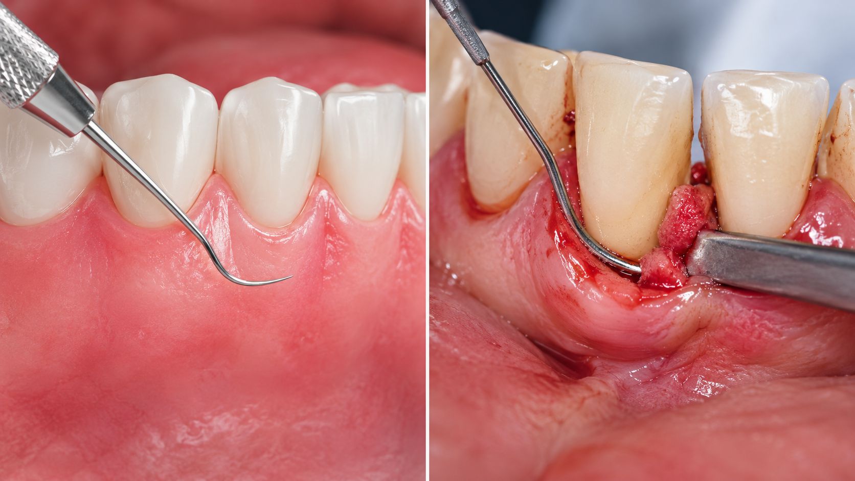 A split view comparing a dental probe on healthy-looking gums and a surgical gum treatment procedure.