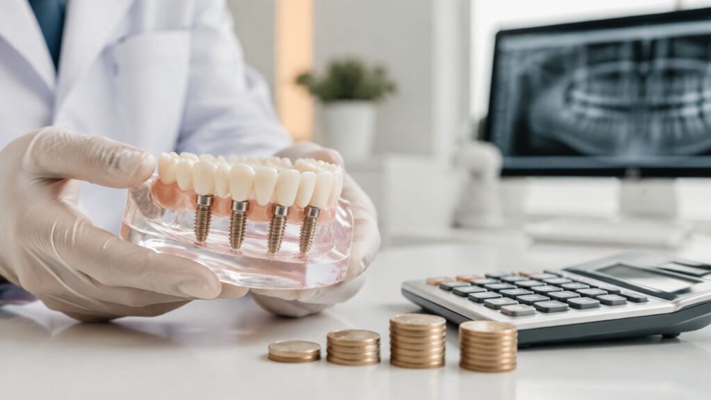 Clinician holding an implant denture model beside a calculator and coins