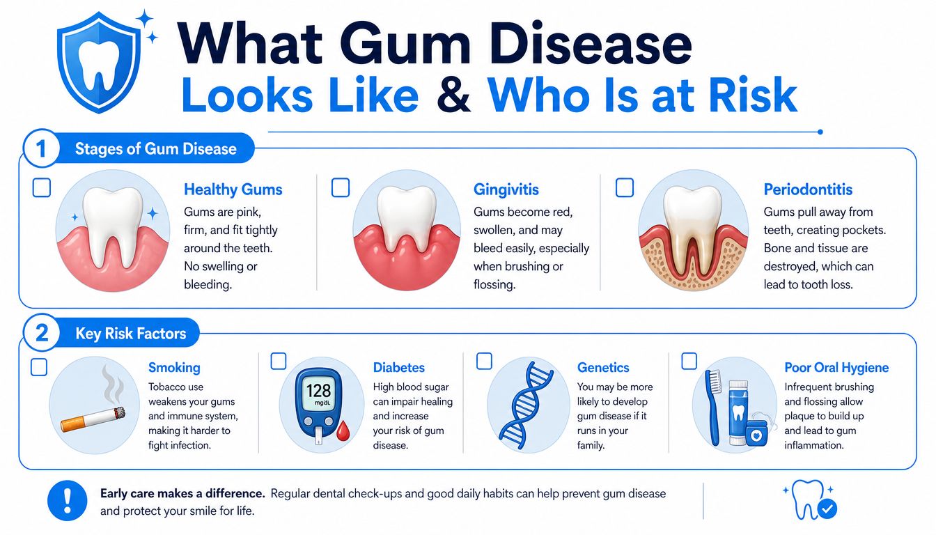 An infographic detailing the stages of gum disease, key risk factors, and the importance of oral health.