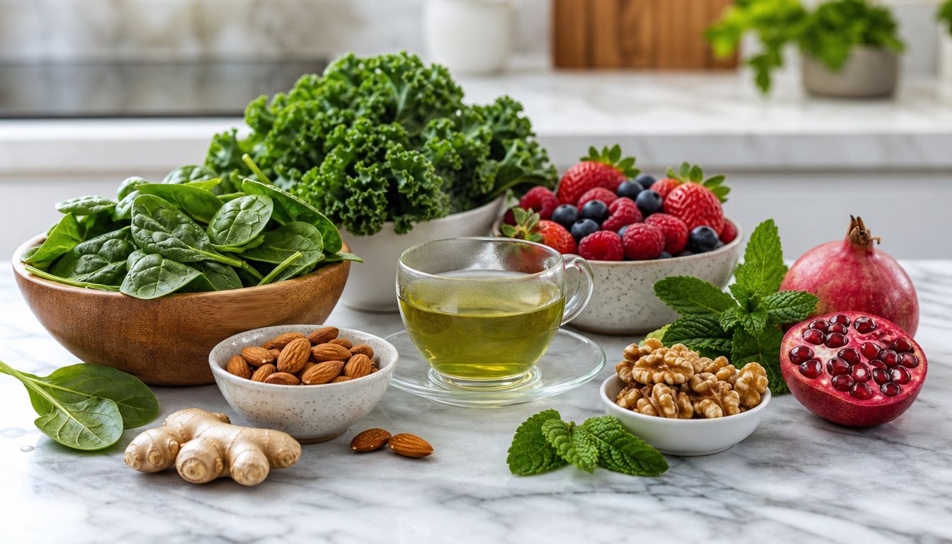 A table featuring a variety of healthy foods including leafy greens, nuts, fresh berries, ginger, and green tea.