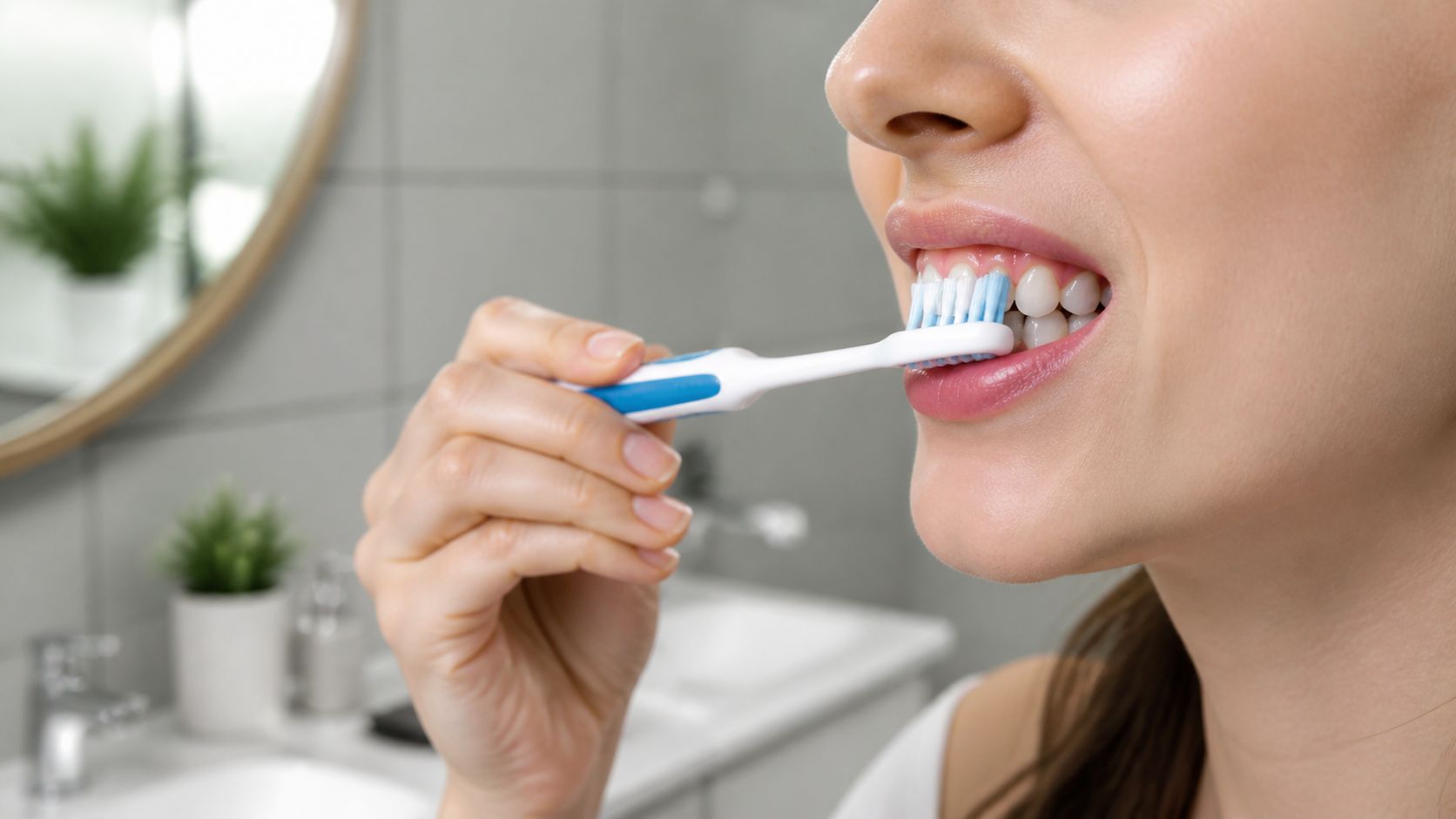 A close-up view of a woman brushing her teeth with a toothbrush to maintain healthy gums.