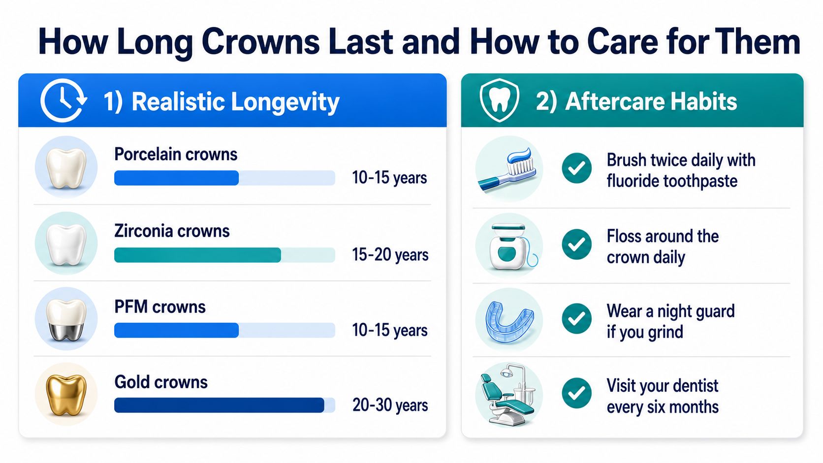 A chart comparing the longevity of various dental crown types and recommended aftercare habits for maintenance.