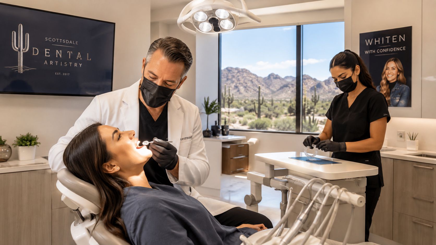 A professional dentist examines a patient's teeth in a modern dental office with a desert landscape view.