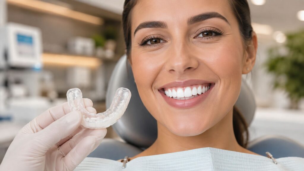 Smiling patient holding a clear aligner tray