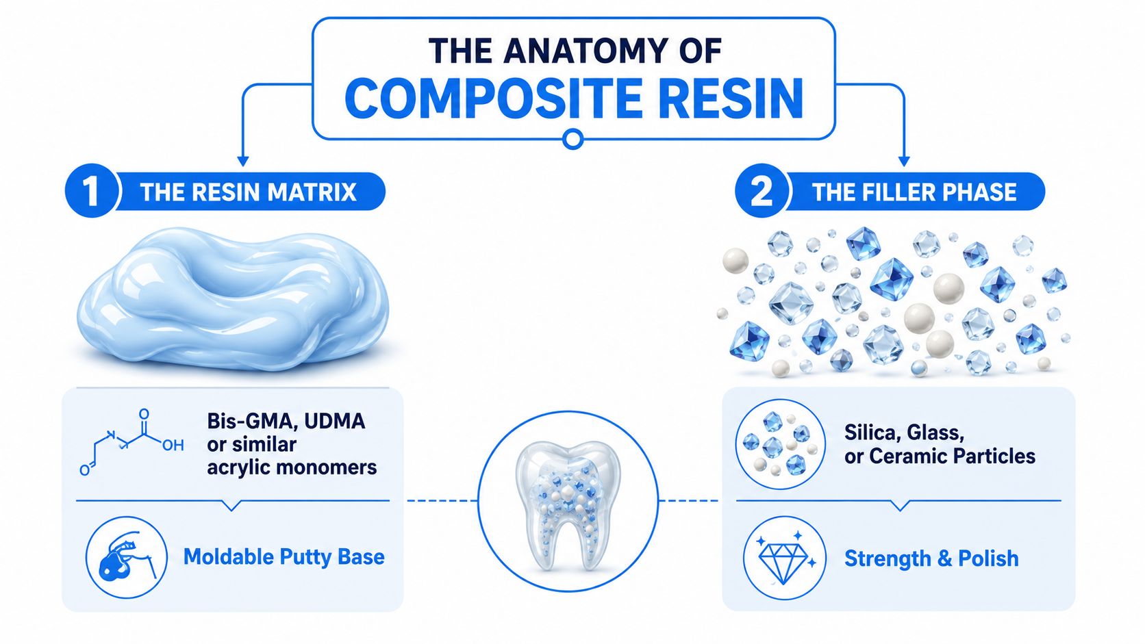 A diagram illustrating the two main components of dental composite resin: the resin matrix and filler phase.
