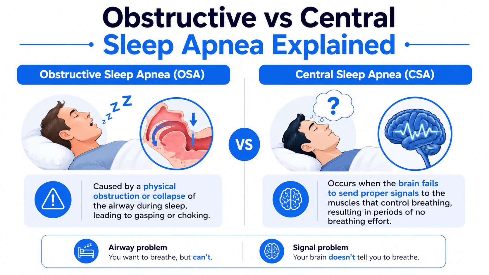An infographic comparing obstructive sleep apnea caused by airway blockage and central sleep apnea caused by brain signaling.