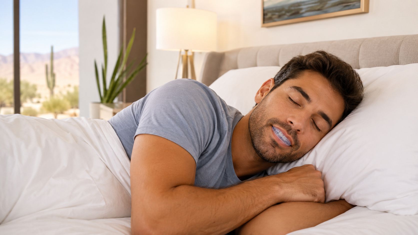 A man peacefully sleeping in bed while wearing a comfortable dental guard to treat sleep apnea.