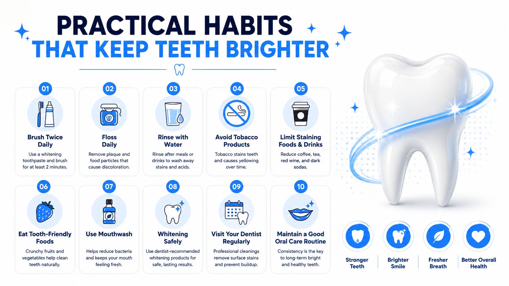 An infographic showing ten practical daily habits to prevent tooth discoloration and maintain a brighter, healthy smile.