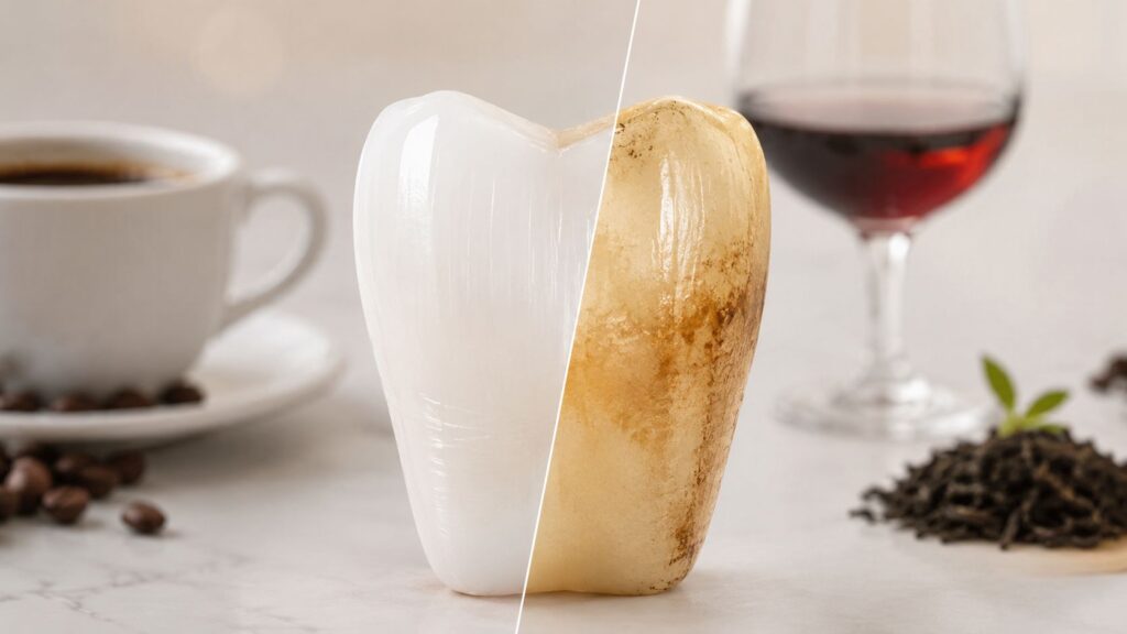 Tooth model stained on one side beside coffee and red wine