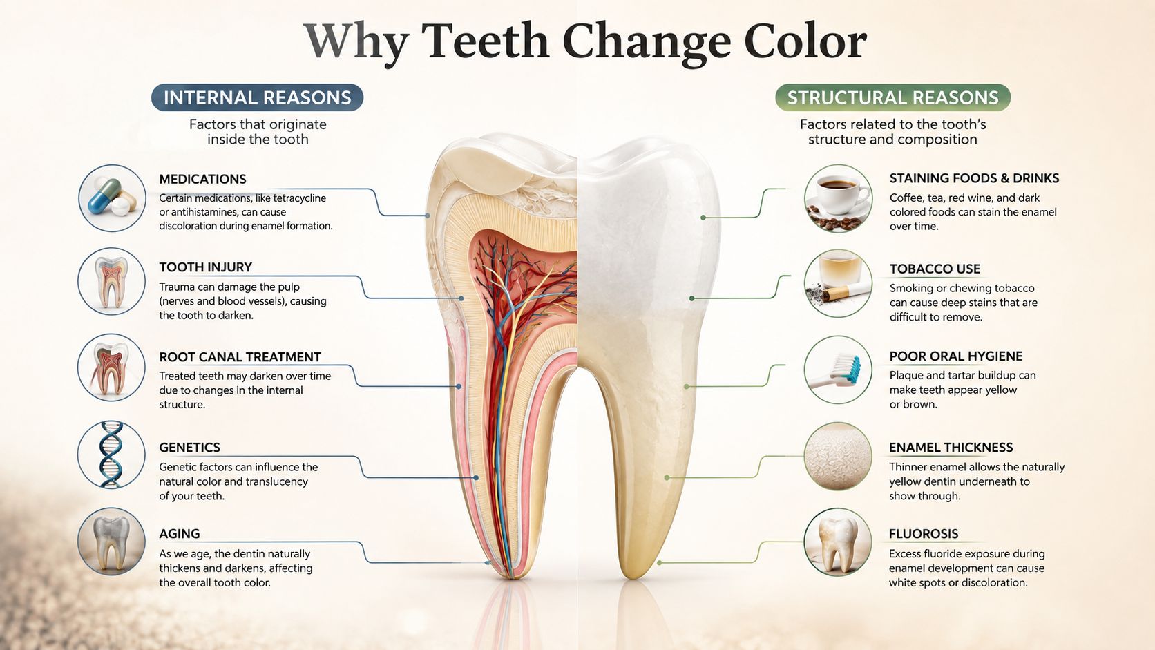 A dental infographic detailing internal and structural factors that cause teeth discoloration, including medications, aging, and food.