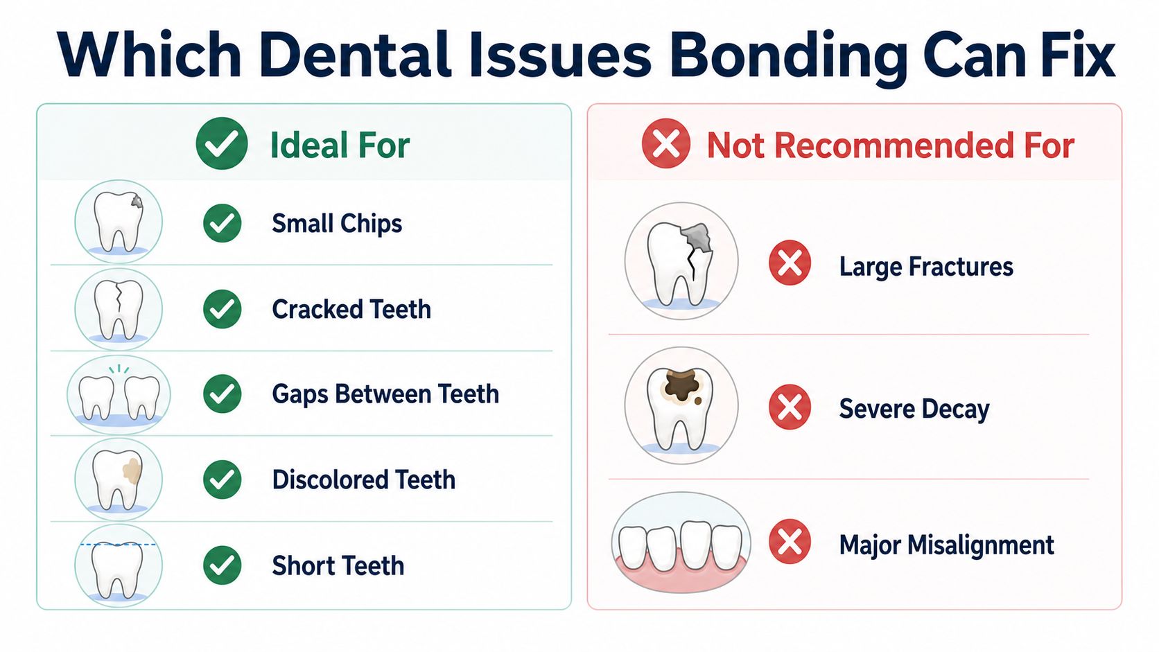 An infographic showing which dental issues are ideal for or not recommended for dental bonding treatment.