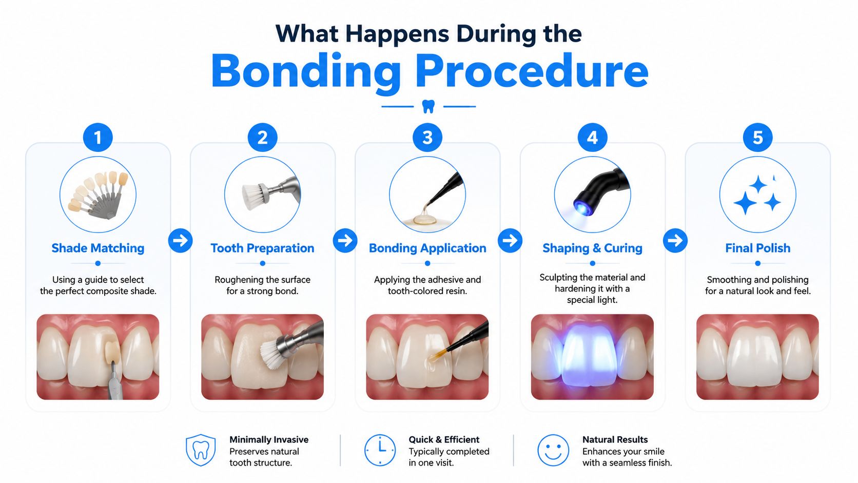 An infographic detailing the five-step process of the dental bonding procedure for improving smile aesthetics.
