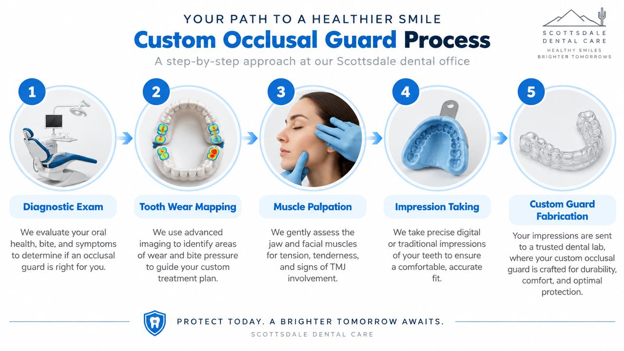 A step-by-step infographic showing the five stages of creating a custom dental occlusal guard for patients.