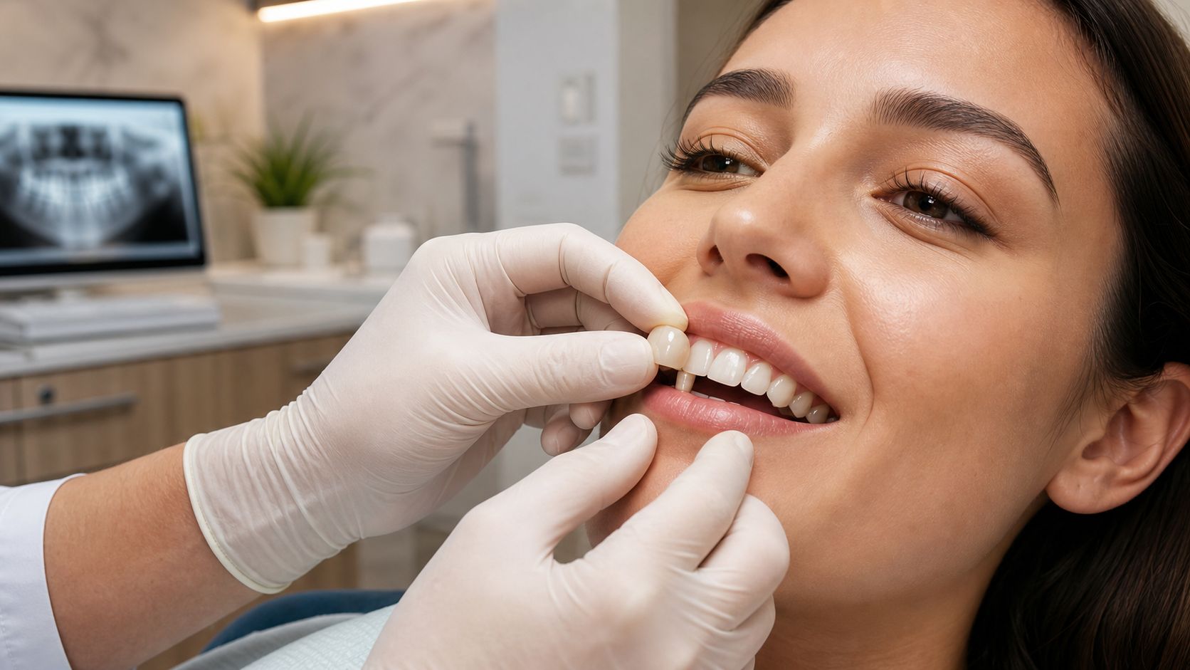 A dentist placing a dental crown on a patient's tooth during a professional cosmetic dentistry procedure.