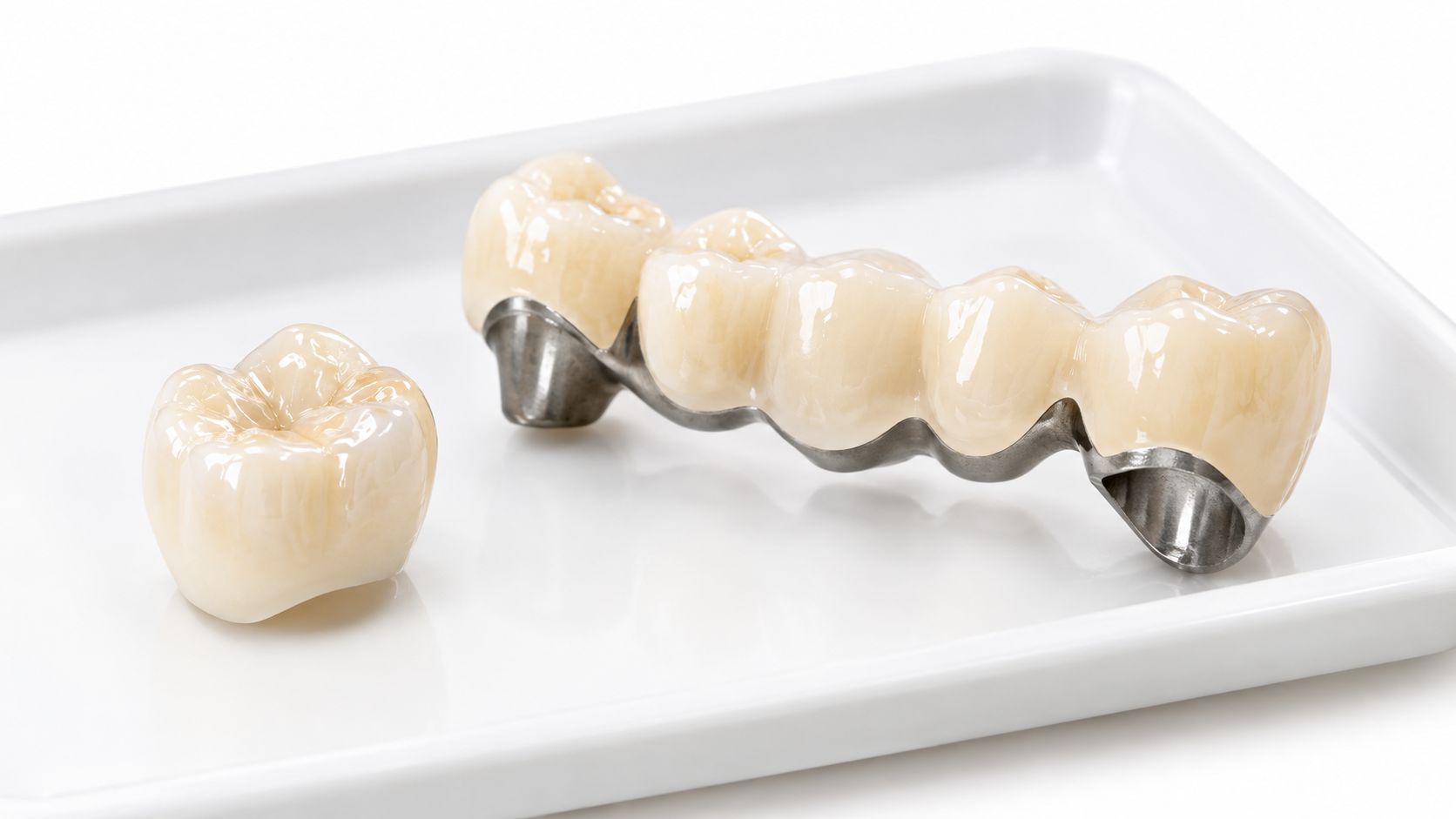 A close up view of a dental bridge and a single crown on a white tray.